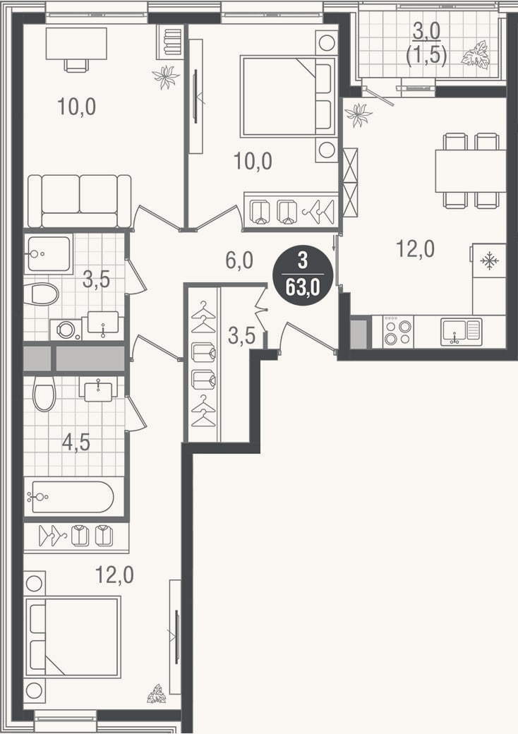 Планировка: 3-к, 61,5 м²