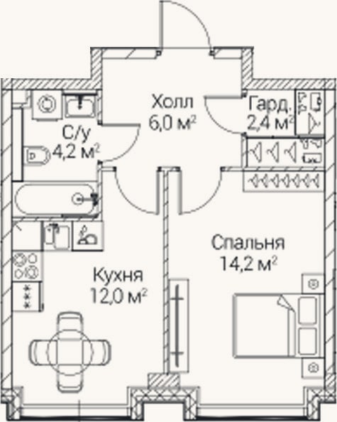 Планировка: 1-к, 38 м²