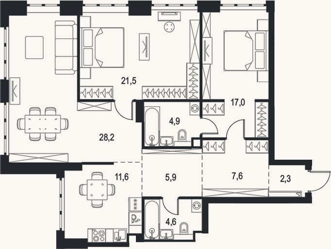 Планировка: 3-к, 103,6 м²