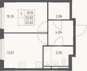 Планировка: 1-к, 32,8 м²