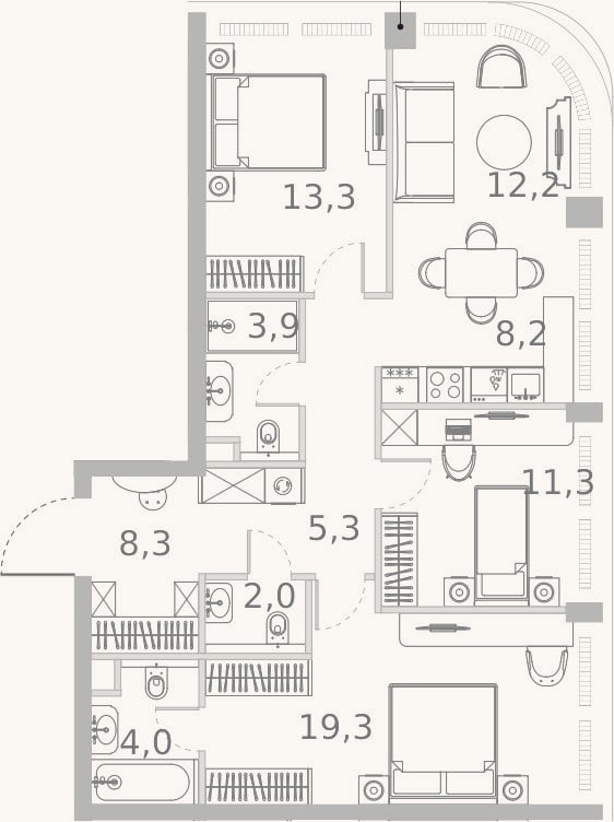 Планировка: 4+ к, 85,7 м²