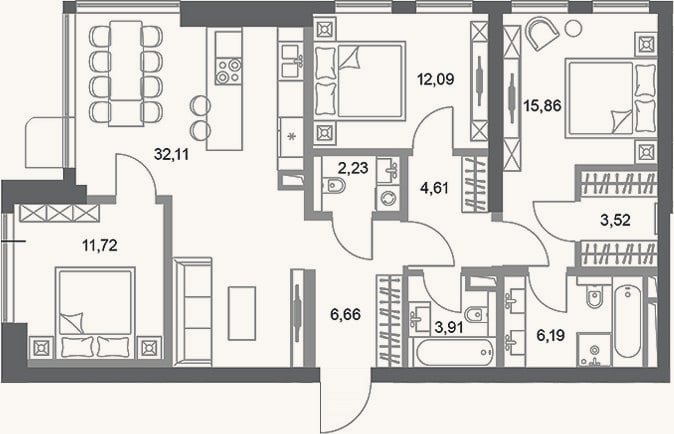 Планировка: 3-к, 98,9 м²