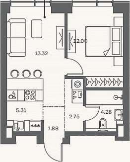 Планировка: 2-к, 39,5 м²