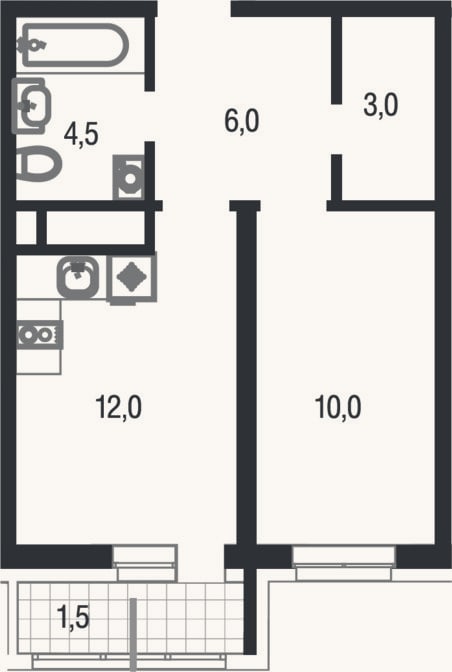 Планировка: 1-к, 35,5 м²
