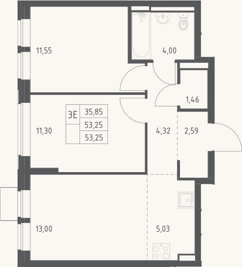 Планировка: 3-к, 53,3 м²