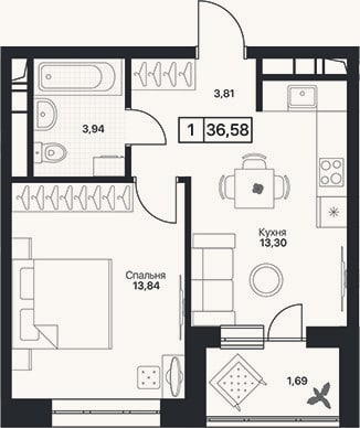 Планировка: 1-к, 34,9 м²