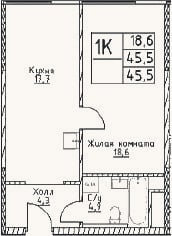 Планировка: 1-к, 45,5 м²