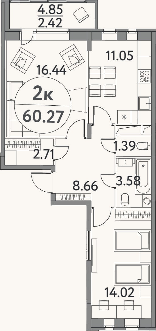 Планировка: 2-к, 57,9 м²