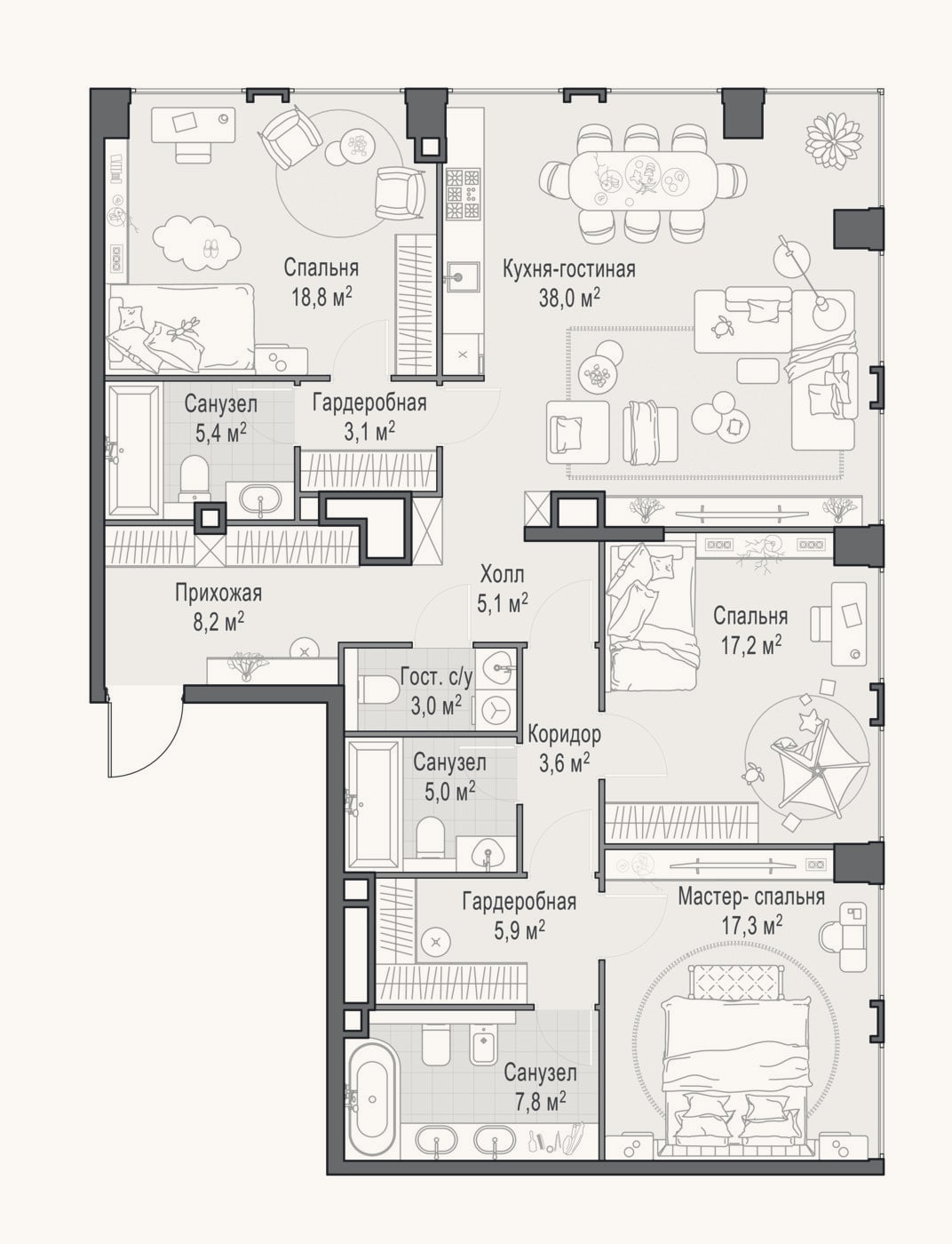 Планировка: 4+ к, 138 м²