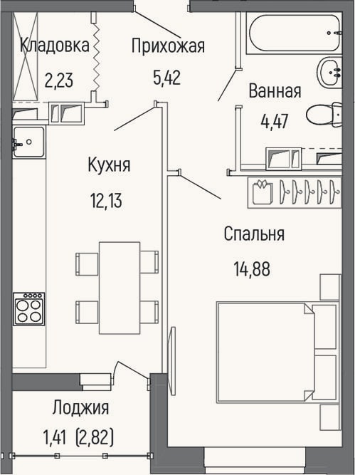 Планировка: 1-к, 39,1 м²