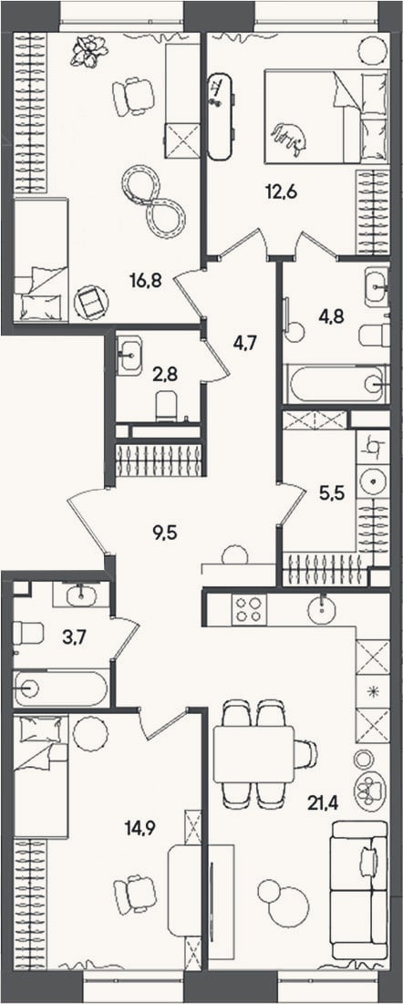 Планировка: 3-к, 96,7 м²