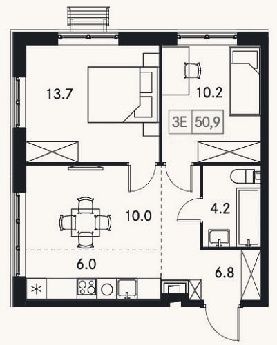 Планировка: 3-к, 50,9 м²