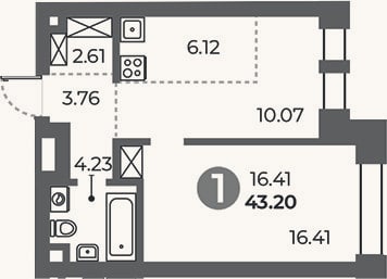 Планировка: 1-к, 43,2 м²