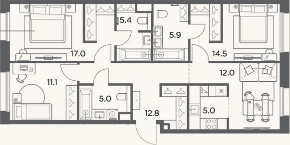 Планировка: 4+ к, 88,7 м²