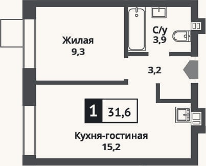 Планировка: 2-к, 31,6 м²