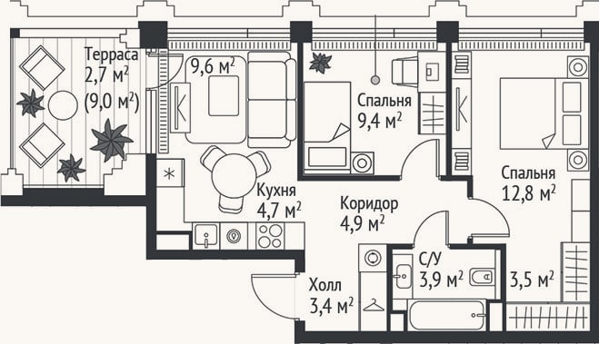 Планировка: 3-к, 52,2 м²