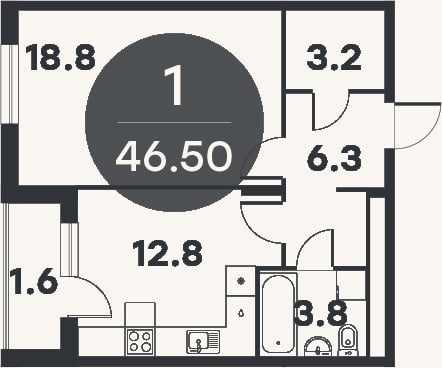 Планировка: 1-к, 42,8 м²