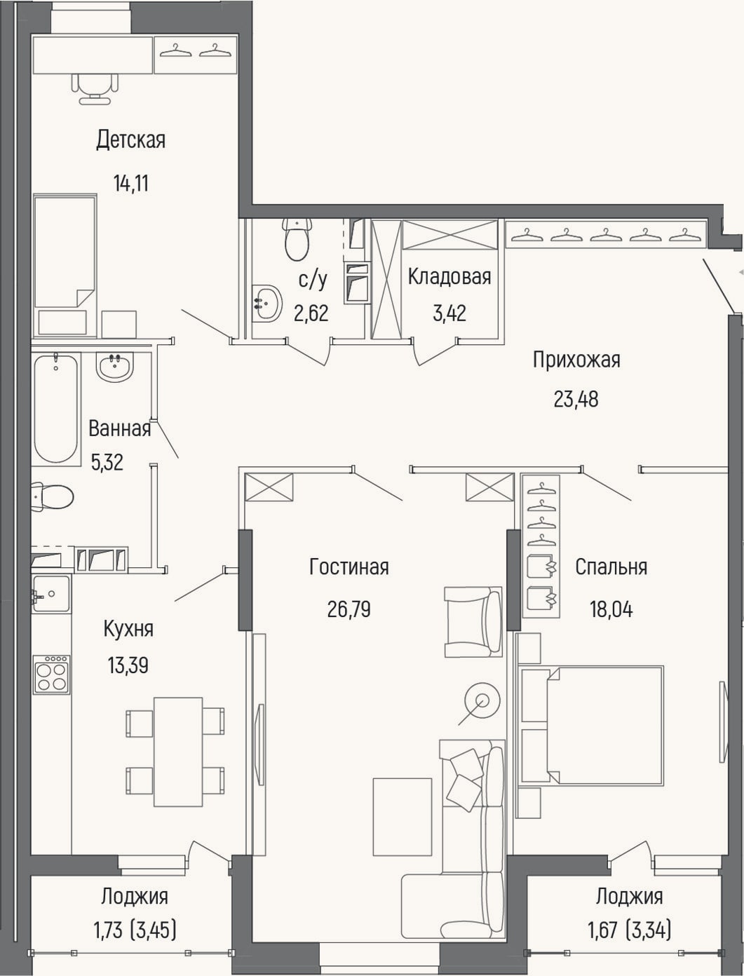 Планировка: 3-к, 105,9 м²