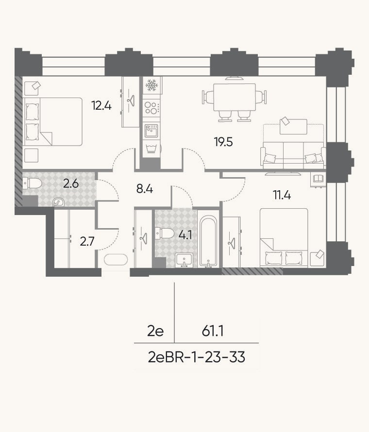 Планировка: 3-к, 61,1 м²