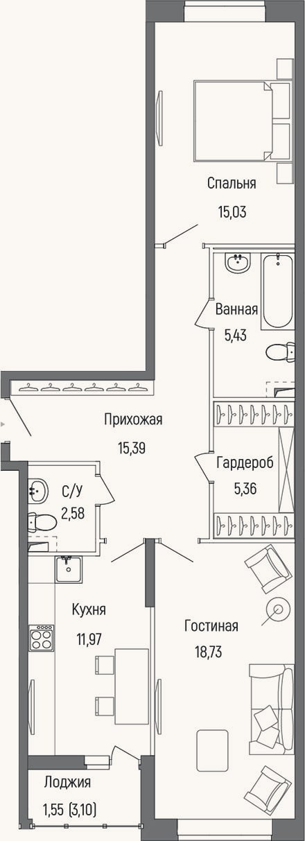 Планировка: 2-к, 74,5 м²