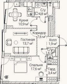 Планировка: 2-к, 60,7 м²