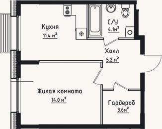 Планировка: 1-к, 38,3 м²