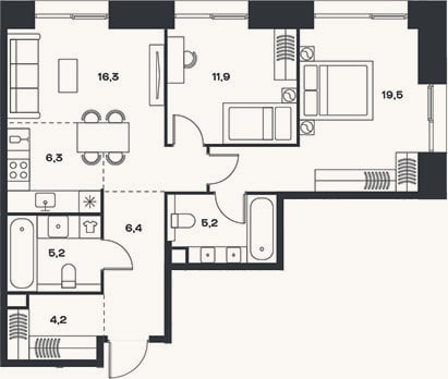 Планировка: 3-к, 75 м²
