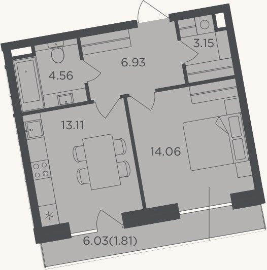 Планировка: 1-к, 41,8 м²