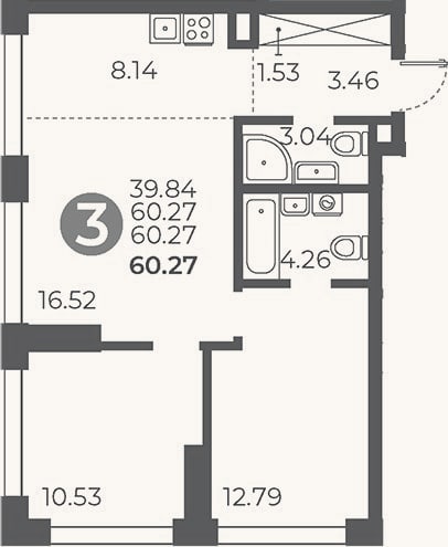 Планировка: 2-к, 60,3 м²