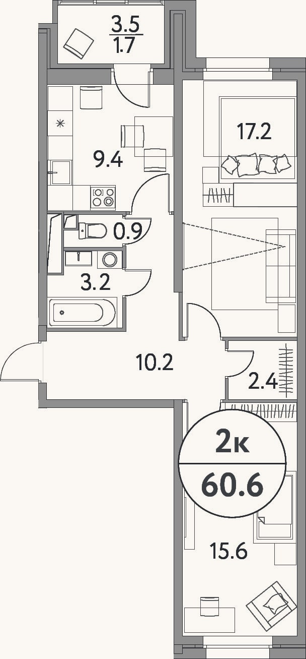 Планировка: 2-к, 58,9 м²
