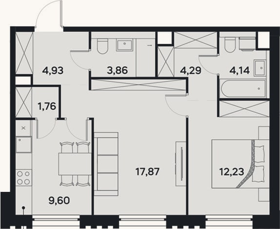 Планировка: 2-к, 58,7 м²