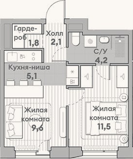 Планировка: 2-к, 34,3 м²