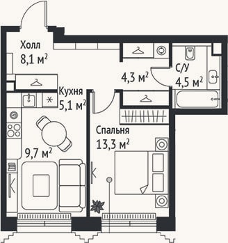 Планировка: 2-к, 45 м²