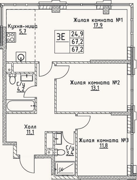 Планировка: 3-к, 67,2 м²