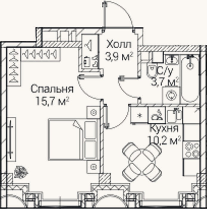 Планировка: 1-к, 33,5 м²
