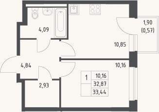 Планировка: 1-к, 32,9 м²
