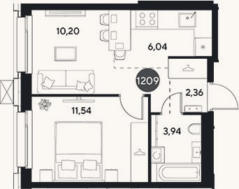 Планировка: 2-к, 34,1 м²