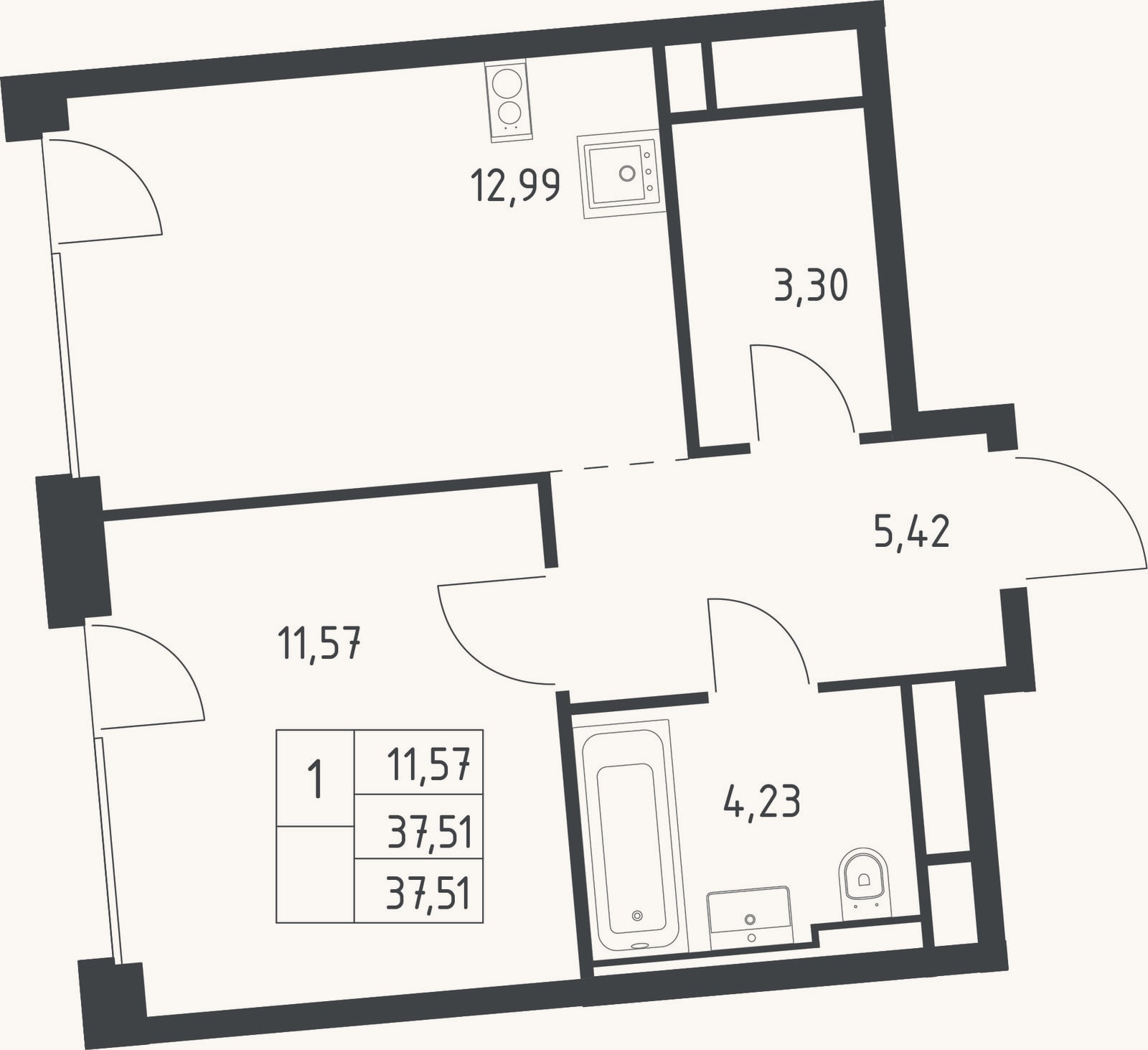 Планировка: 1-к, 37,5 м²