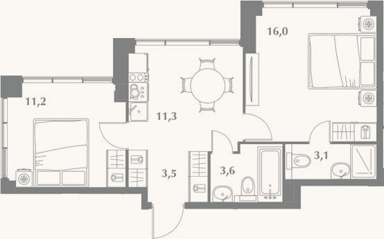Планировка: 2-к, 48,7 м²