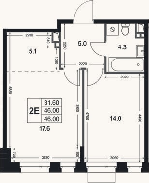 Планировка: 2-к, 46 м²
