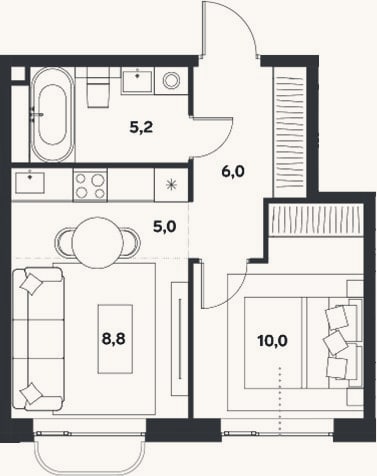 Планировка: 2-к, 35 м²
