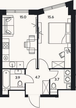Планировка: 1-к, 42,9 м²