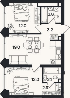 Планировка: 3-к, 56 м²