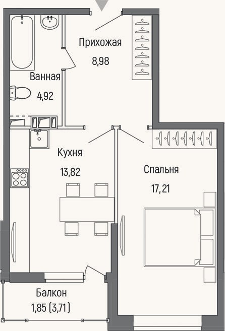 Планировка: 1-к, 44,9 м²