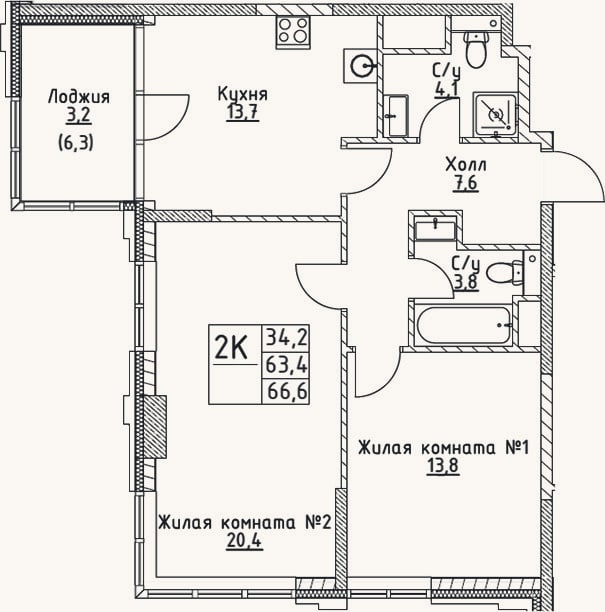 Планировка: 2-к, 61,4 м²