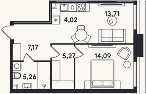 Планировка: 2-к, 49,5 м²