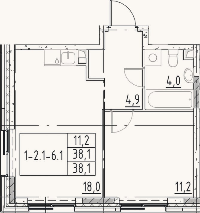 Планировка: 2-к, 38,1 м²