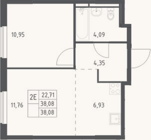 Планировка: 2-к, 38,1 м²