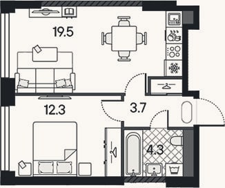 Планировка: 2-к, 39,8 м²