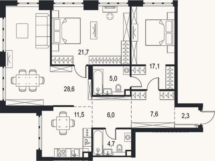Планировка: 3-к, 104,5 м²